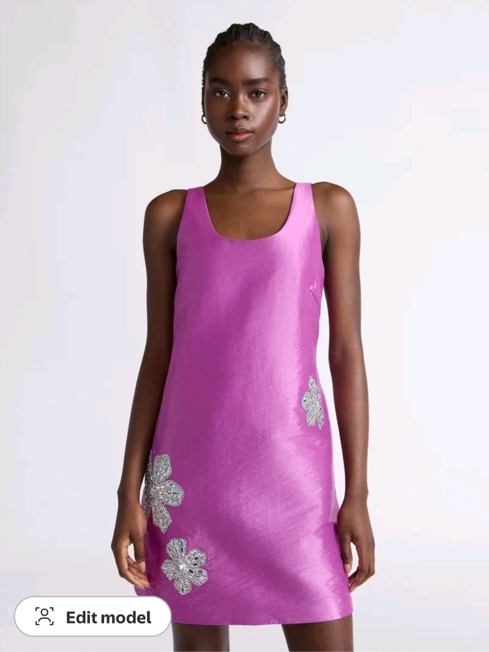 Scoop Sleeveless Purple Satin Shift Dress with Embellished Rhinestone Flowers. S